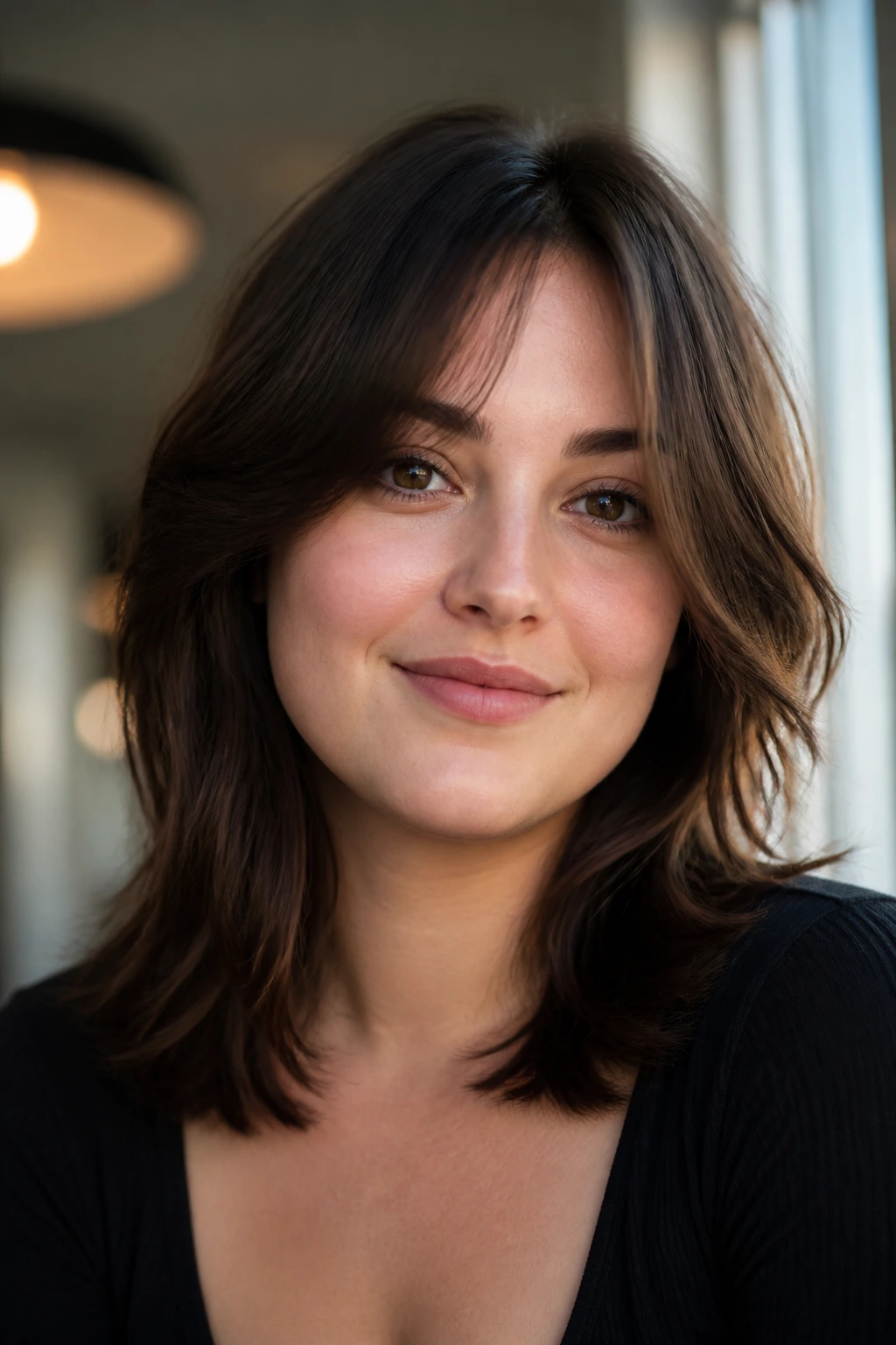 Close-up portrait illustrating how curtain bangs shape a round face.