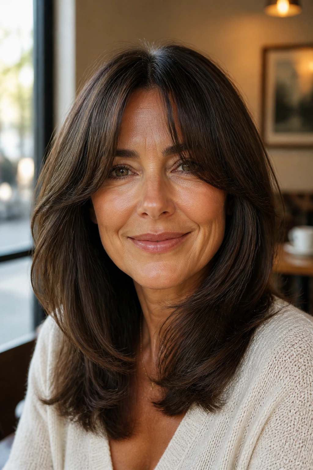 Close-up portrait of a real woman with curtain bangs and rounded ends