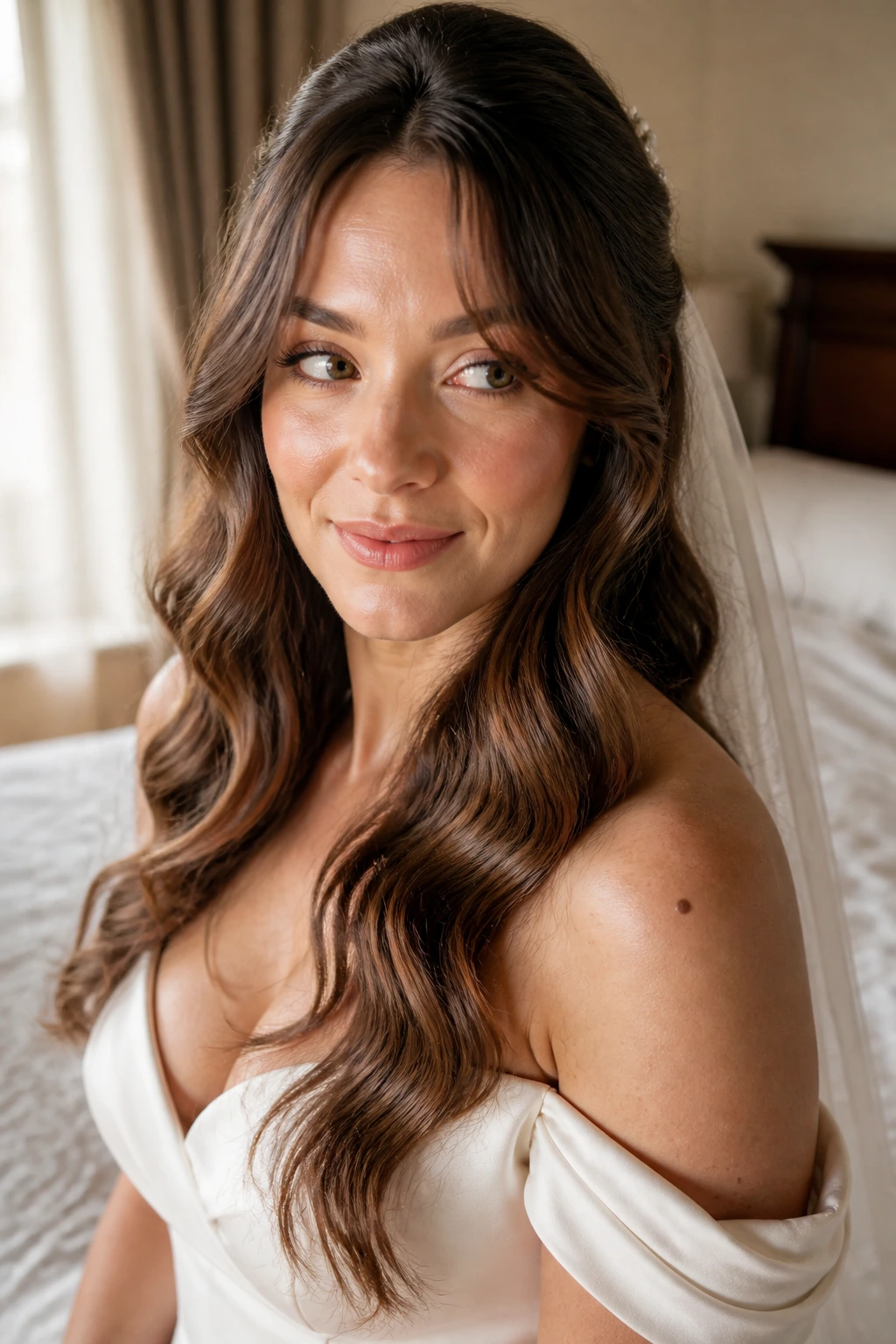 Close-up of a real bride with curtain bangs and soft S-waves in natural window light