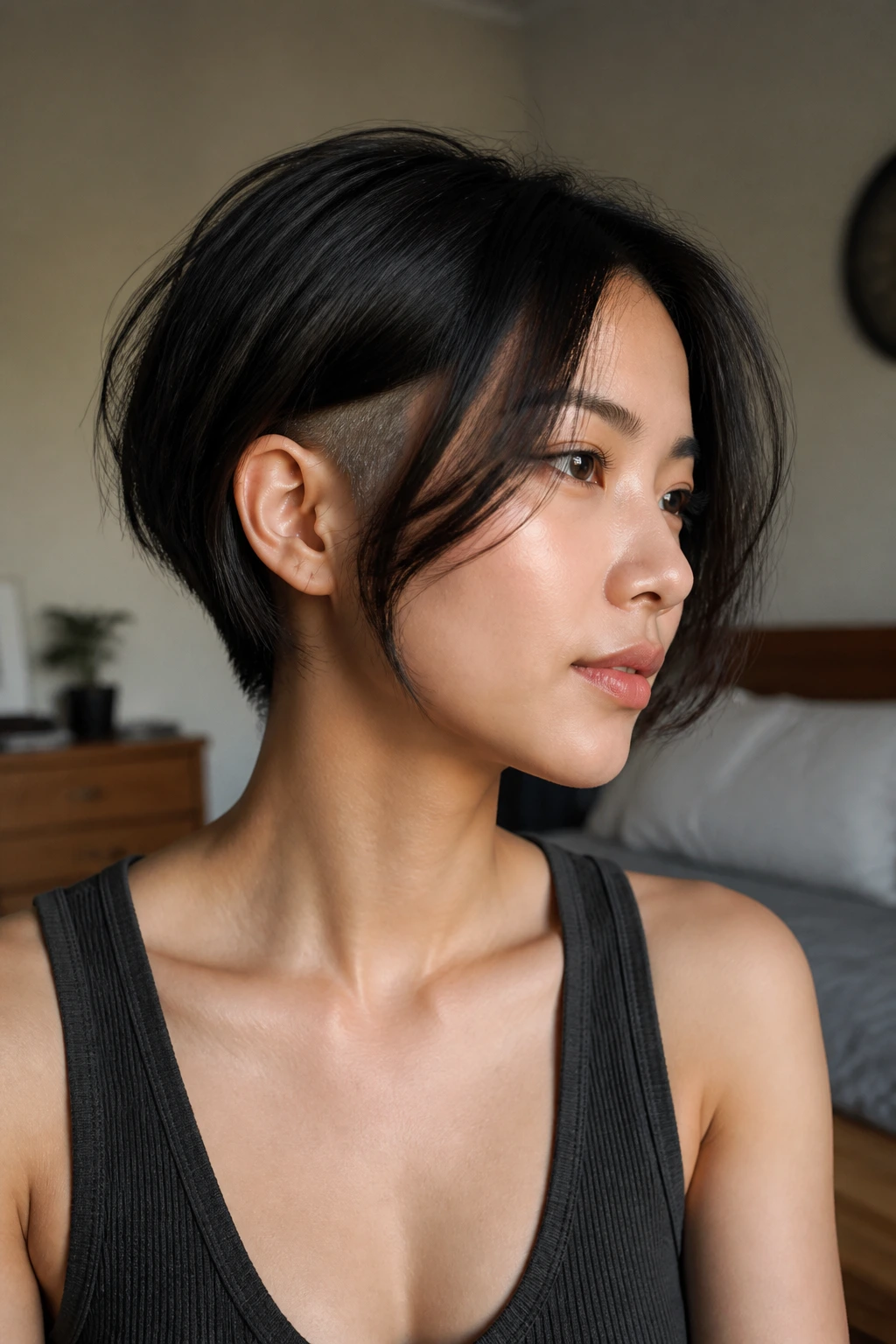 Close-up portrait of curtain bangs with secret shave showing hidden undercut behind ears