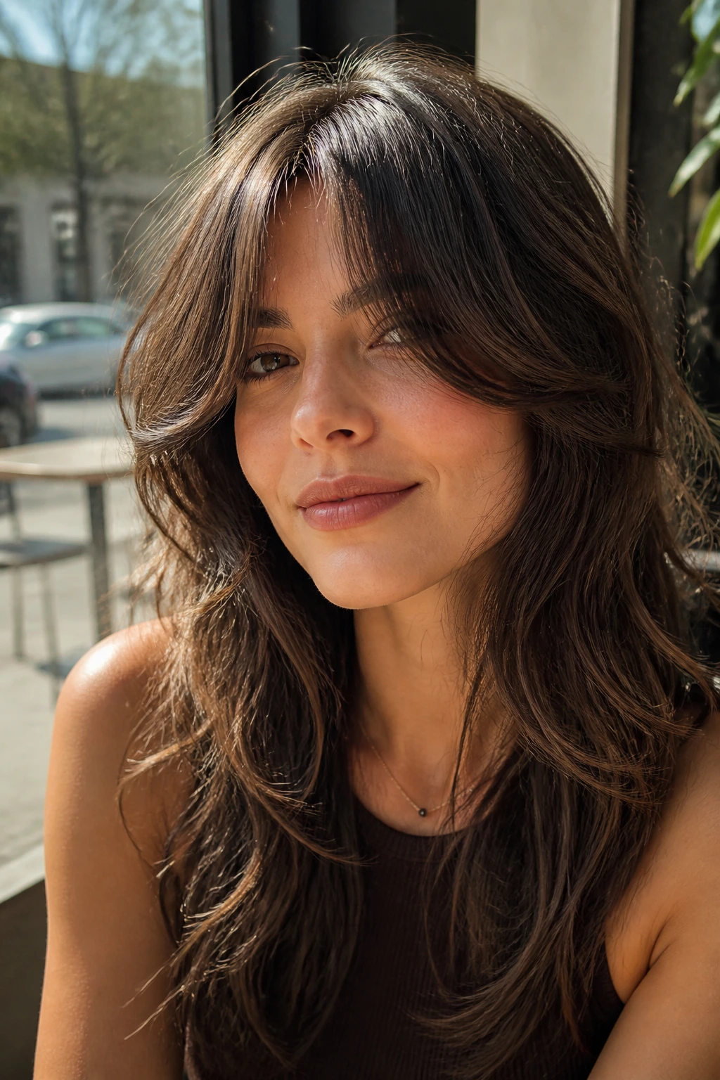 Close-up of Curtain-Bang Shag hairstyle on a real person with curtain bangs and shag layers