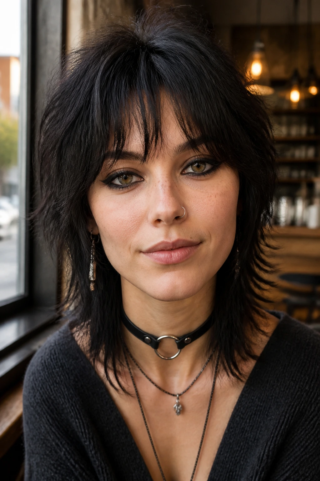 Close-up of real person with curtain bangs and bite in a punk shag