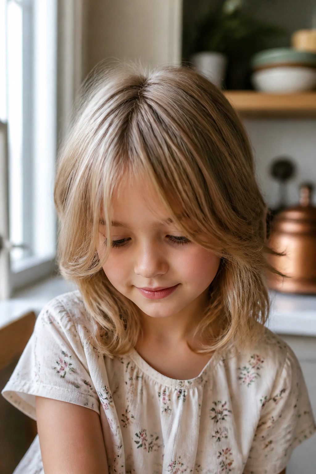 Close-up of a real child with Airy Curtain Bang Shag by a sunny window
