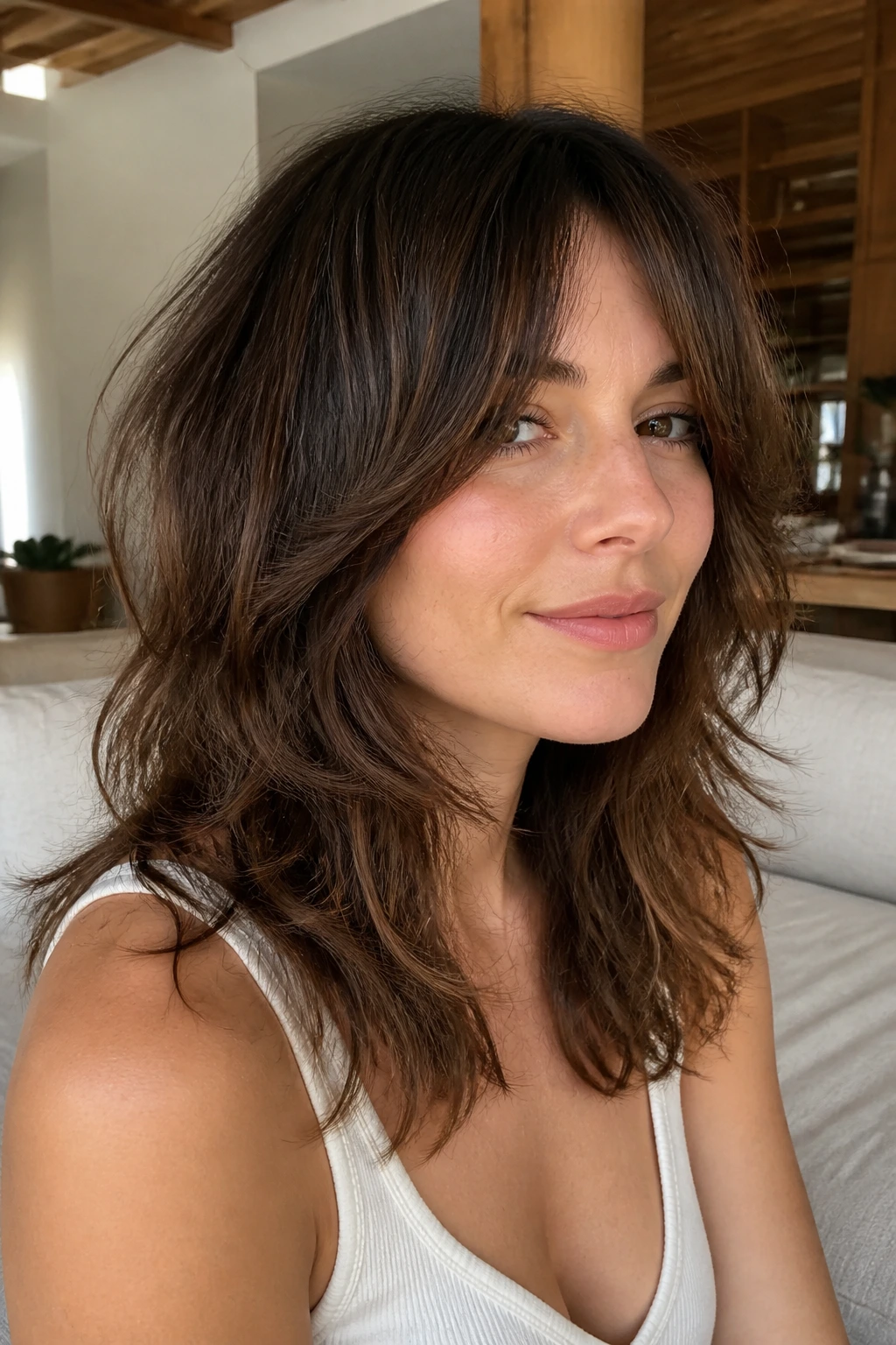 Close-up of a person with long curtain bangs and a shag in warm home light