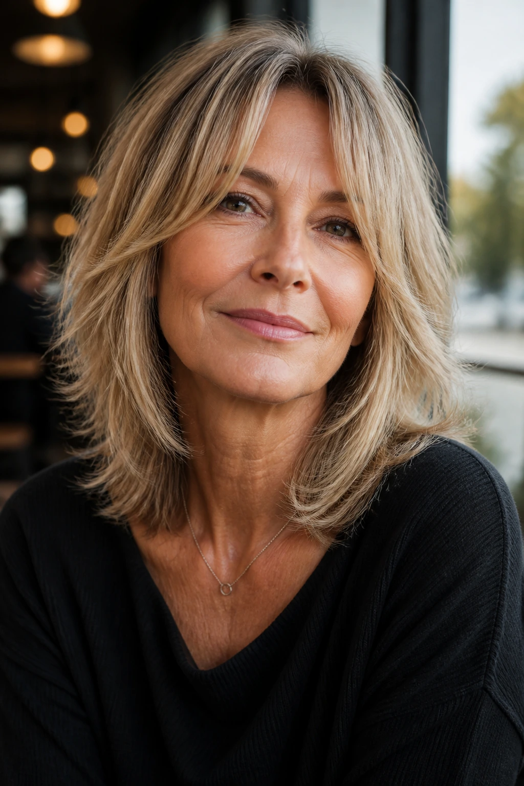 Close-up of a woman with curtain bangs that skim the cheekbones in a medium shag.