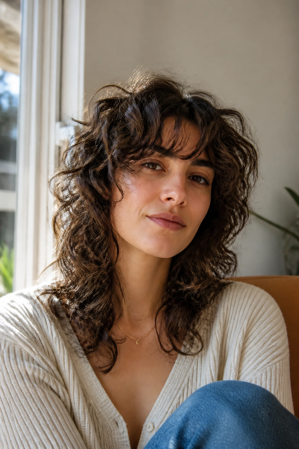 Portrait of a woman with soft curtain bangs and layered shag hairstyle