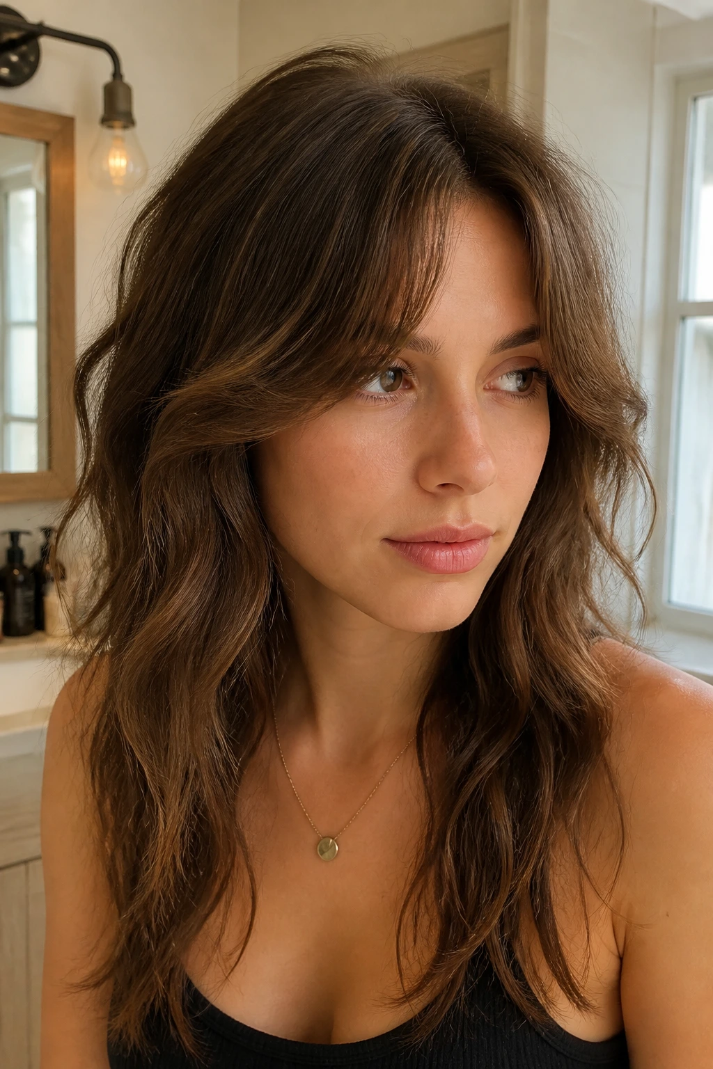 Close-up of curtain bangs showing shape change on a real woman, with center part shifted and fringe directed to the sides