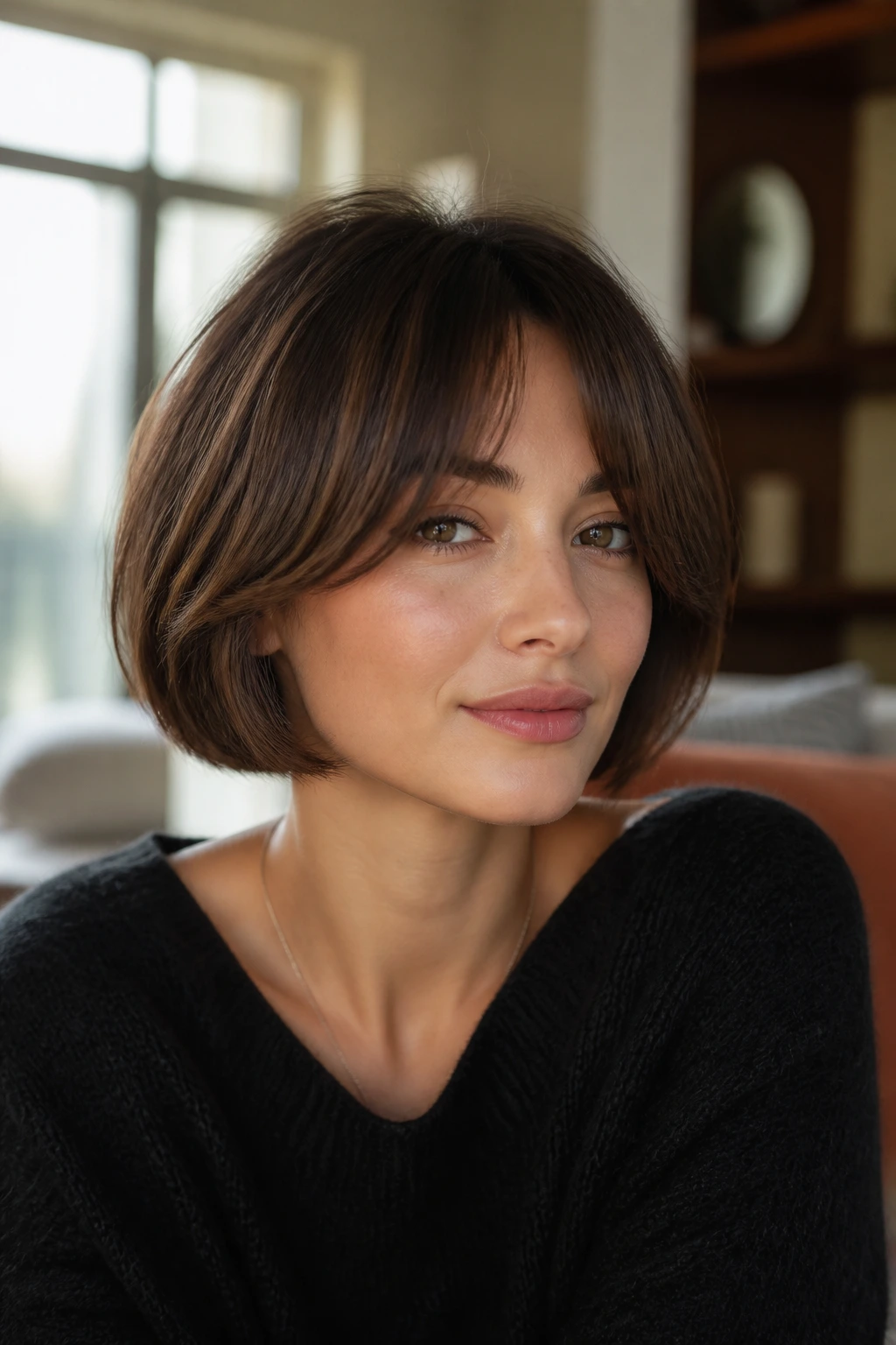 Close-up of curtain bangs on a short bob with face-framing fringe in warm natural light