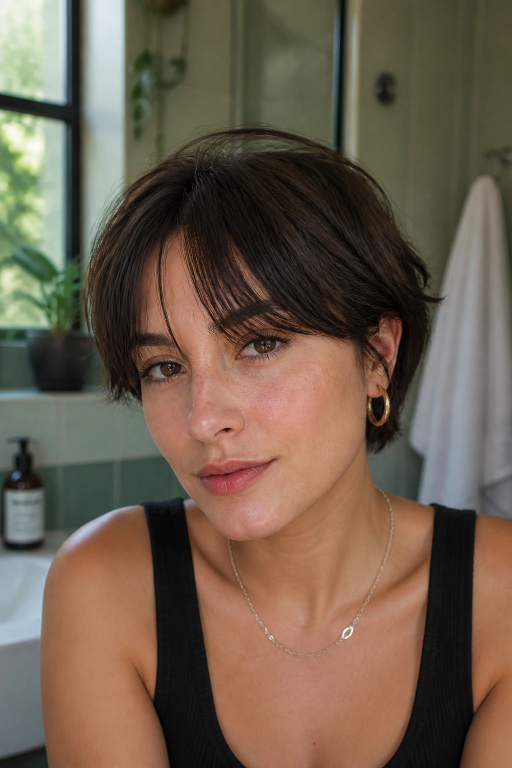 Close-up portrait showing curtain bangs on short hair with natural light