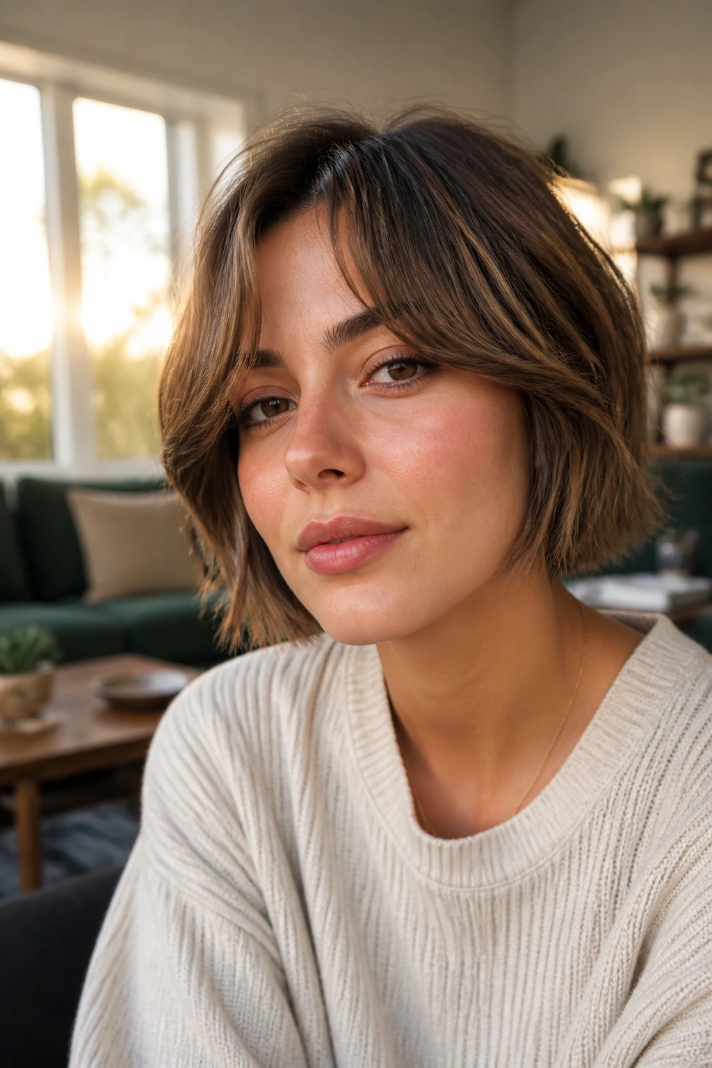 Portrait of a woman with curtain bangs on short hair