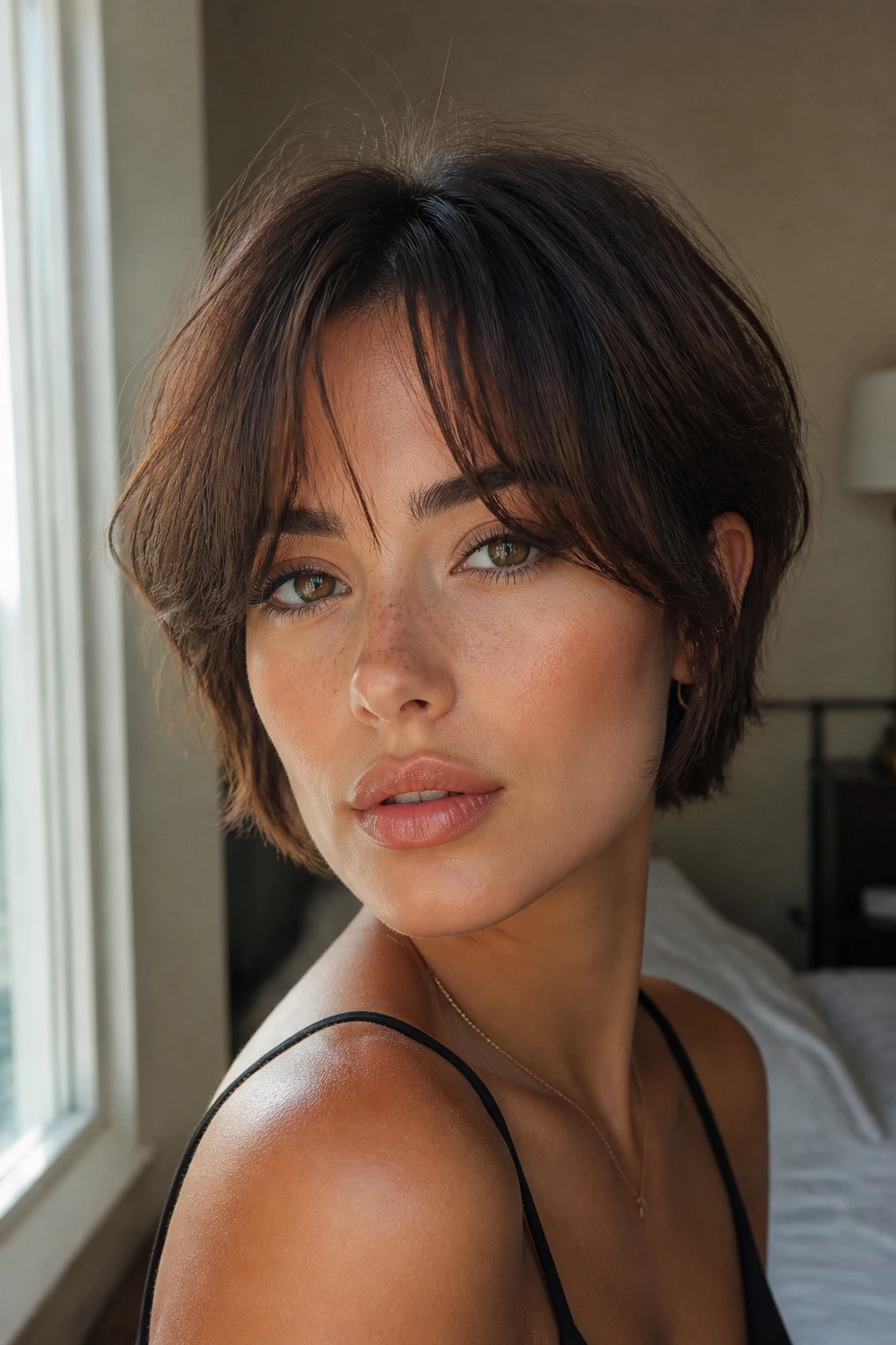 Close-up portrait of a real woman with short hair and soft curtain bangs in a warm window-lit bedroom