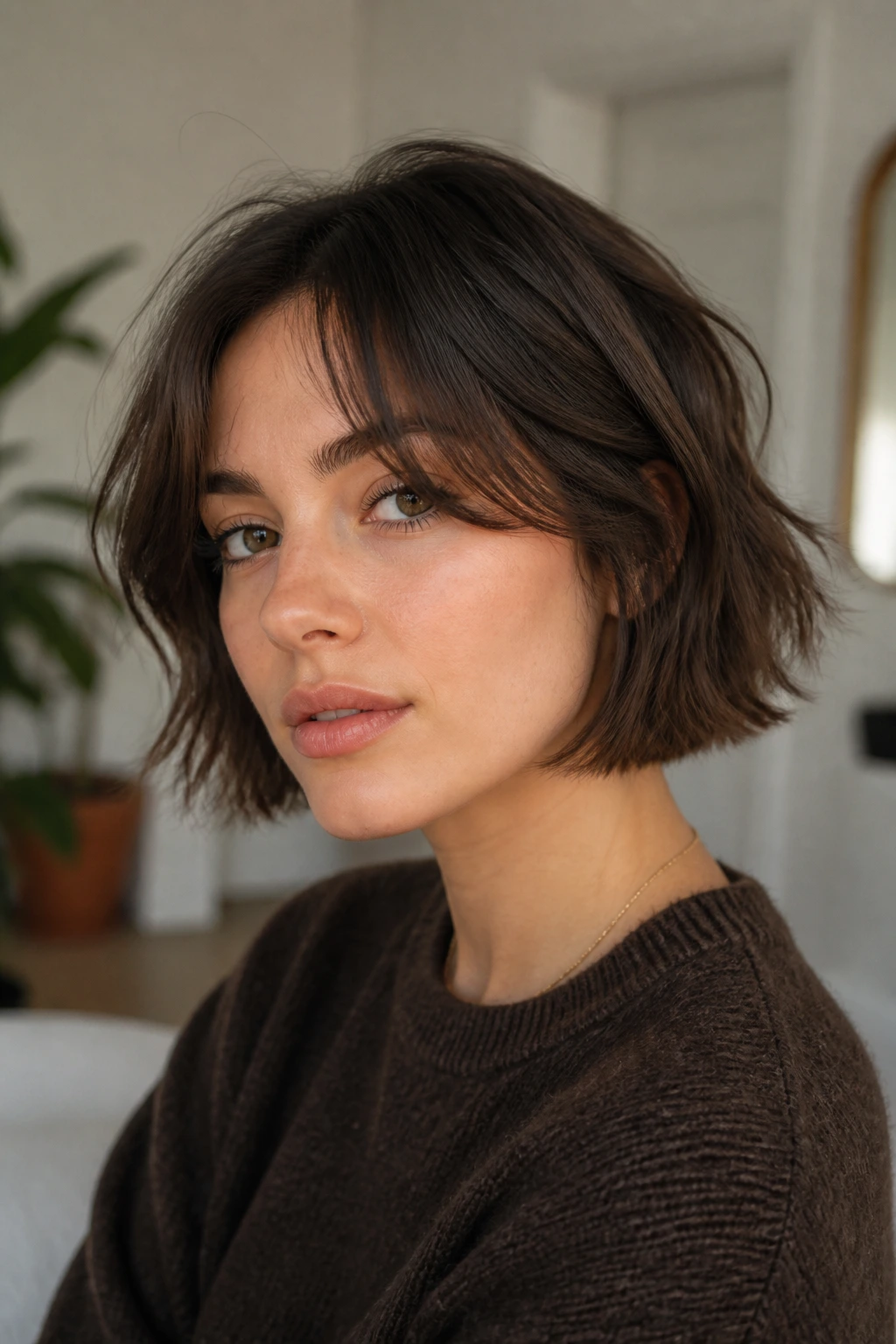 Portrait of a person with curtain bangs on a chin-length bob under natural light