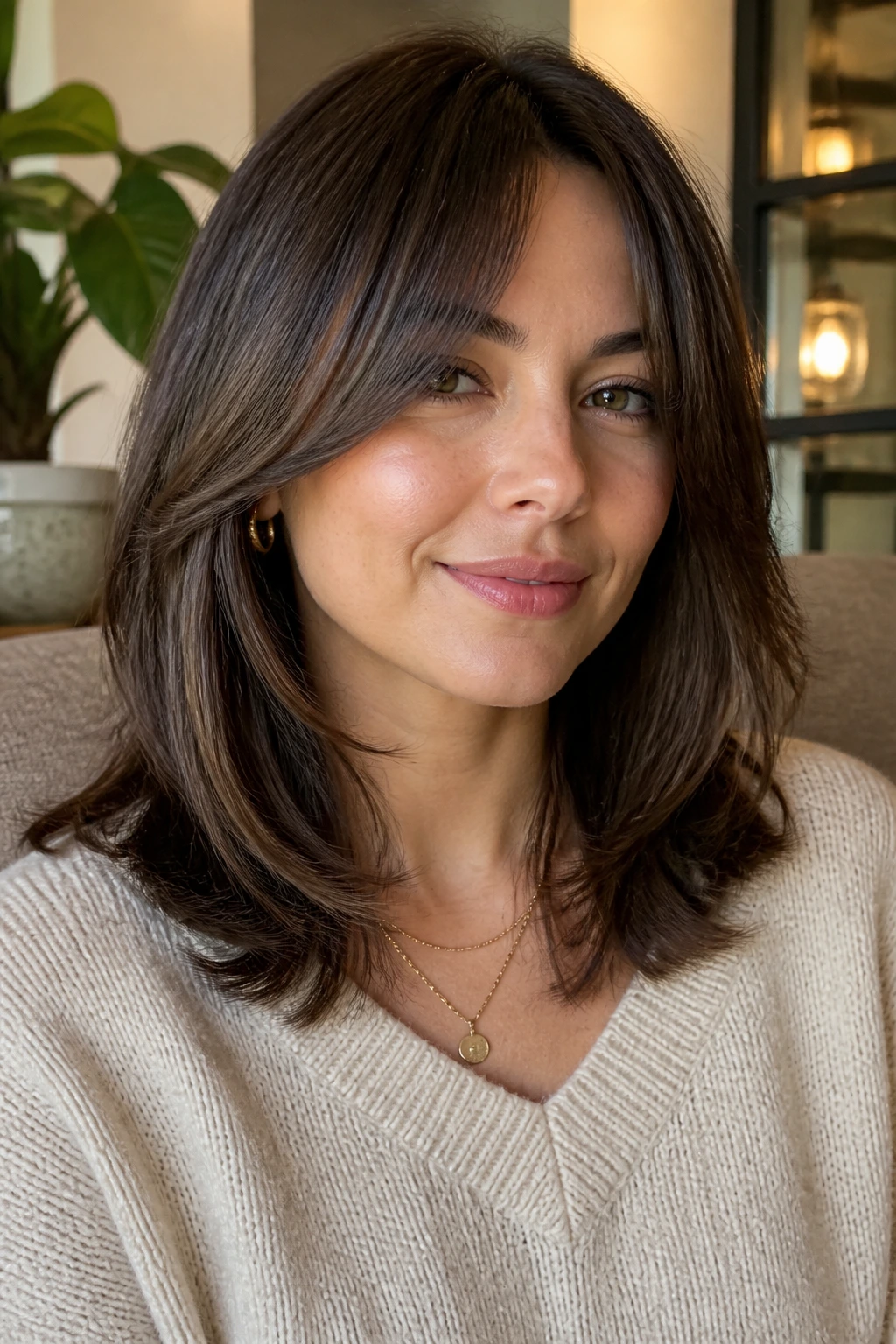 Portrait of a person with curtain bangs and soft shoulder layers.