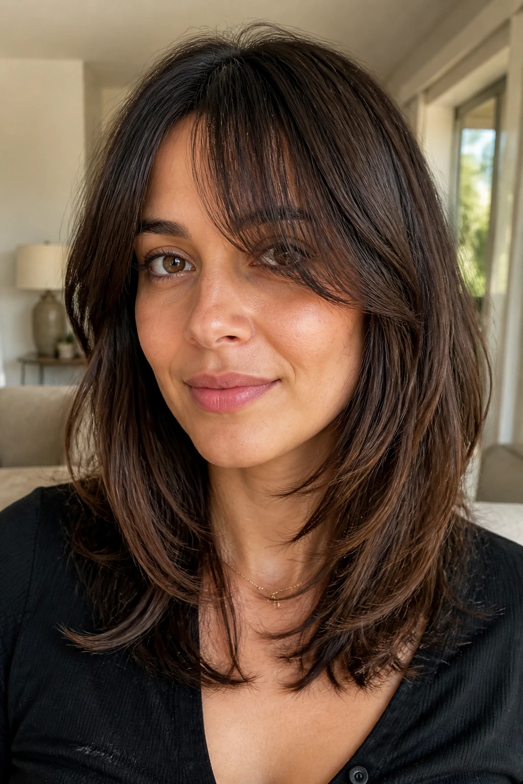 Face-framing curtain bangs with long layers at shoulder length on a real woman