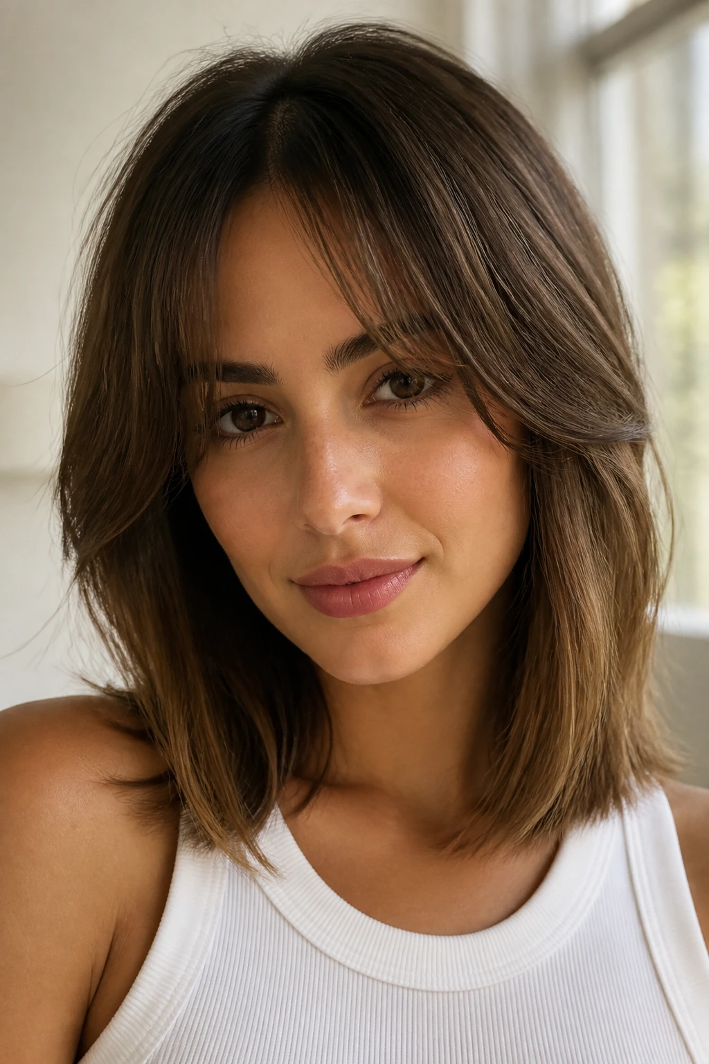 Curtain bangs blended with shoulder-length hair on a real person