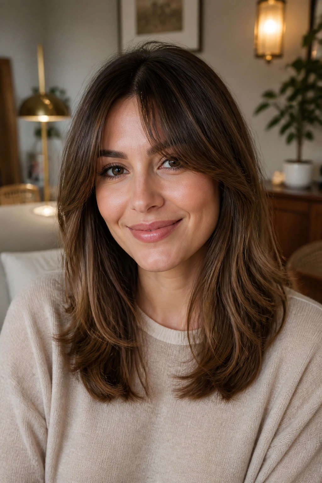 Close-up of curtain bangs with long shoulder-length layers on a real person