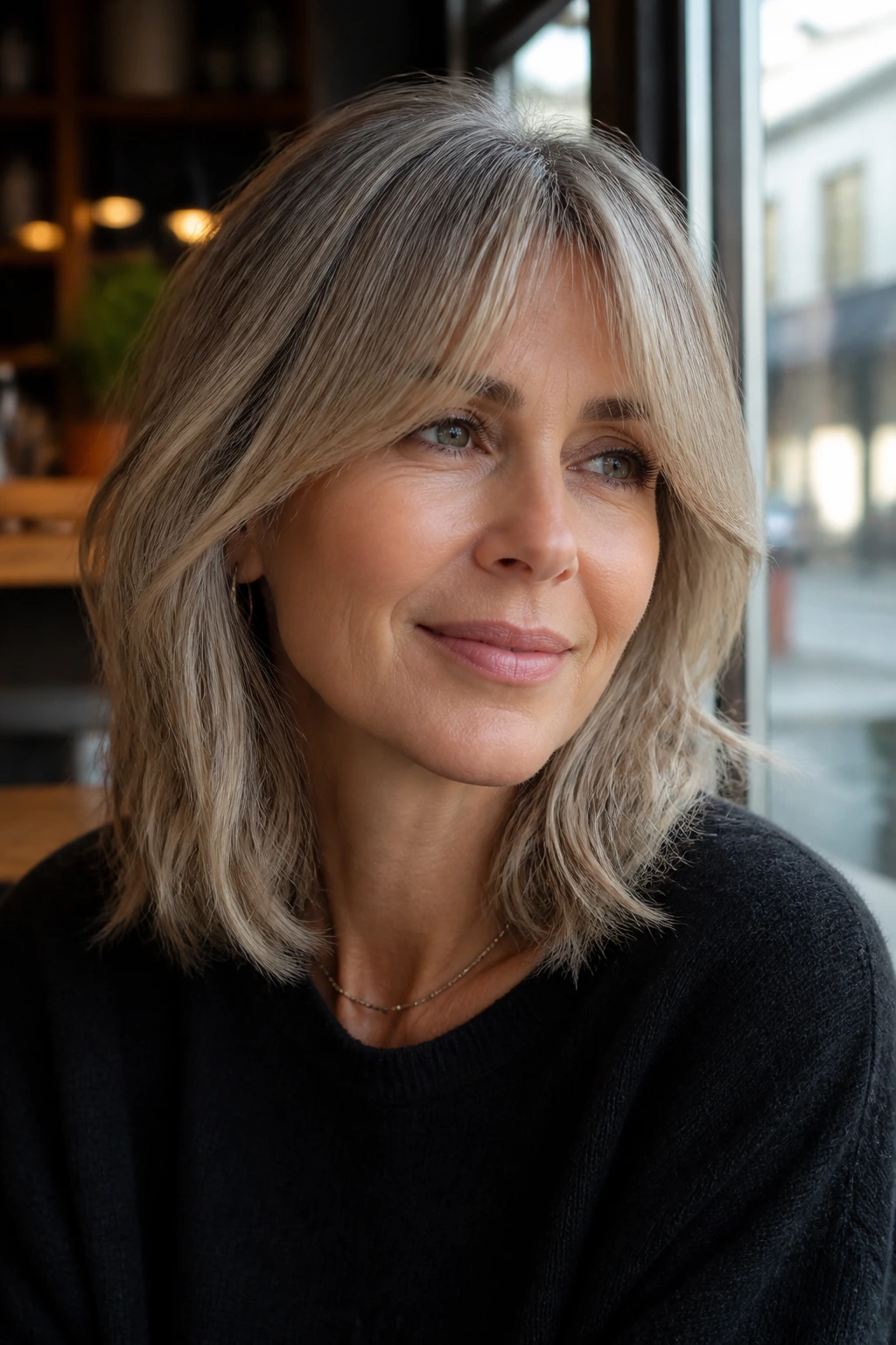 Portrait of a woman with curtain bangs on a shoulder-grazing cut.