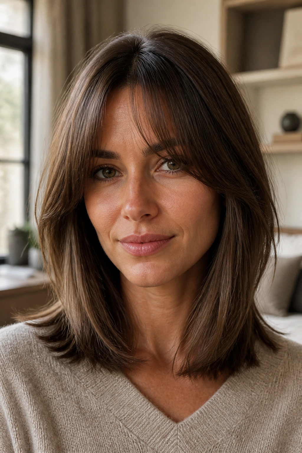 Portrait of a woman with curtain bangs and shoulder-length straight hair.