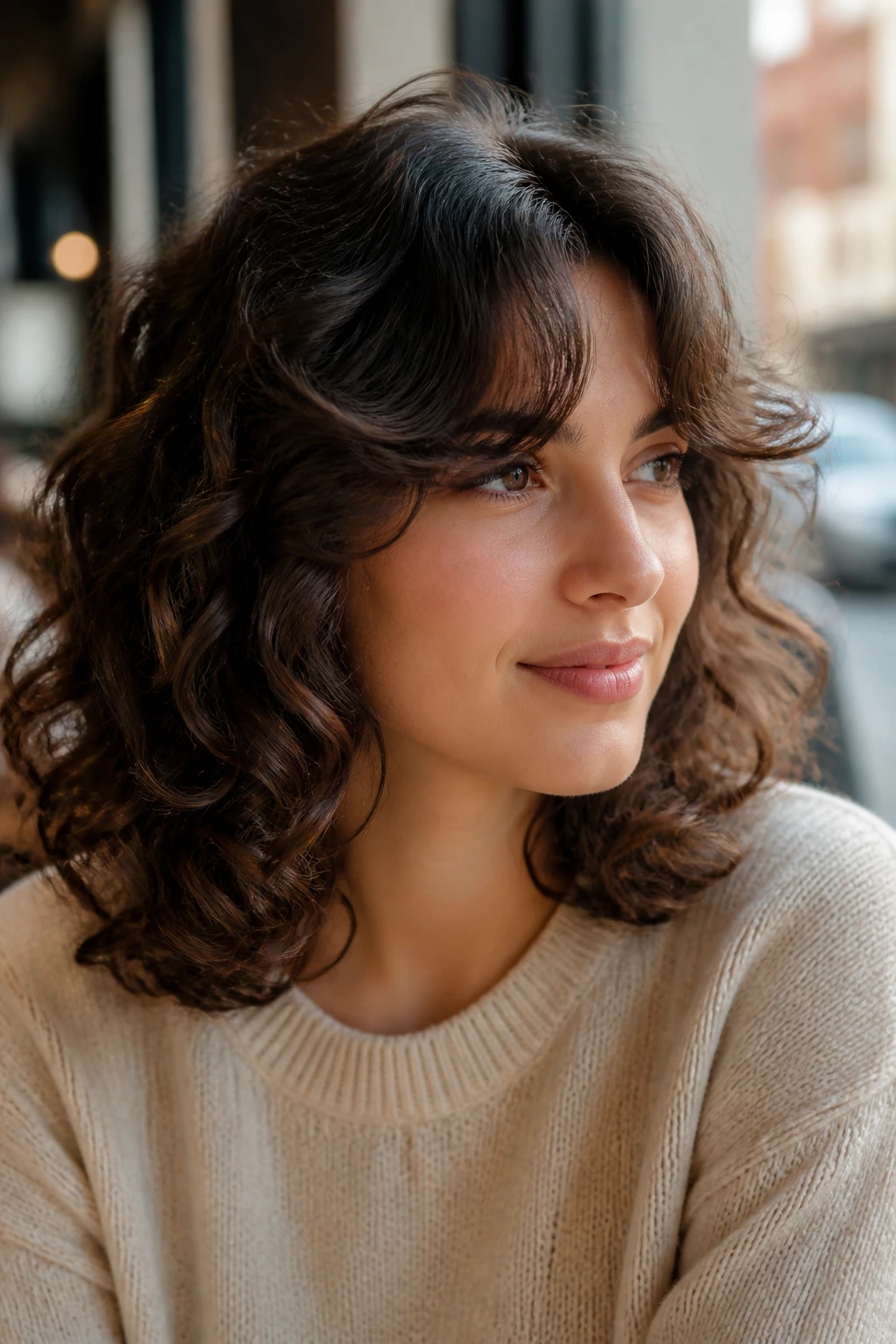 Close-up of side-swept curtain bangs with shoulder-length curls on a real woman.