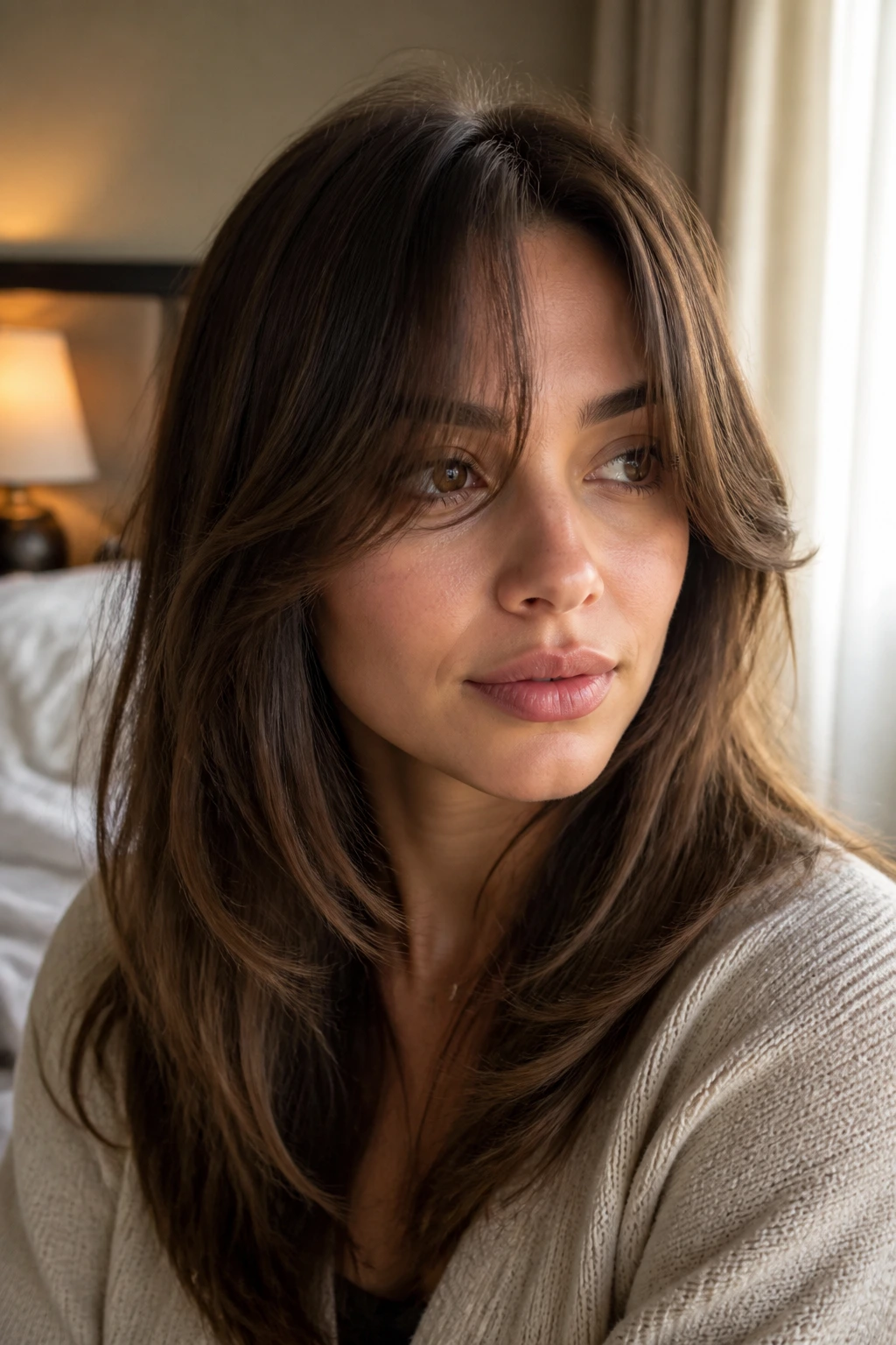 Close-up of a real woman with soft side-swept curtain bangs in warm bedroom light