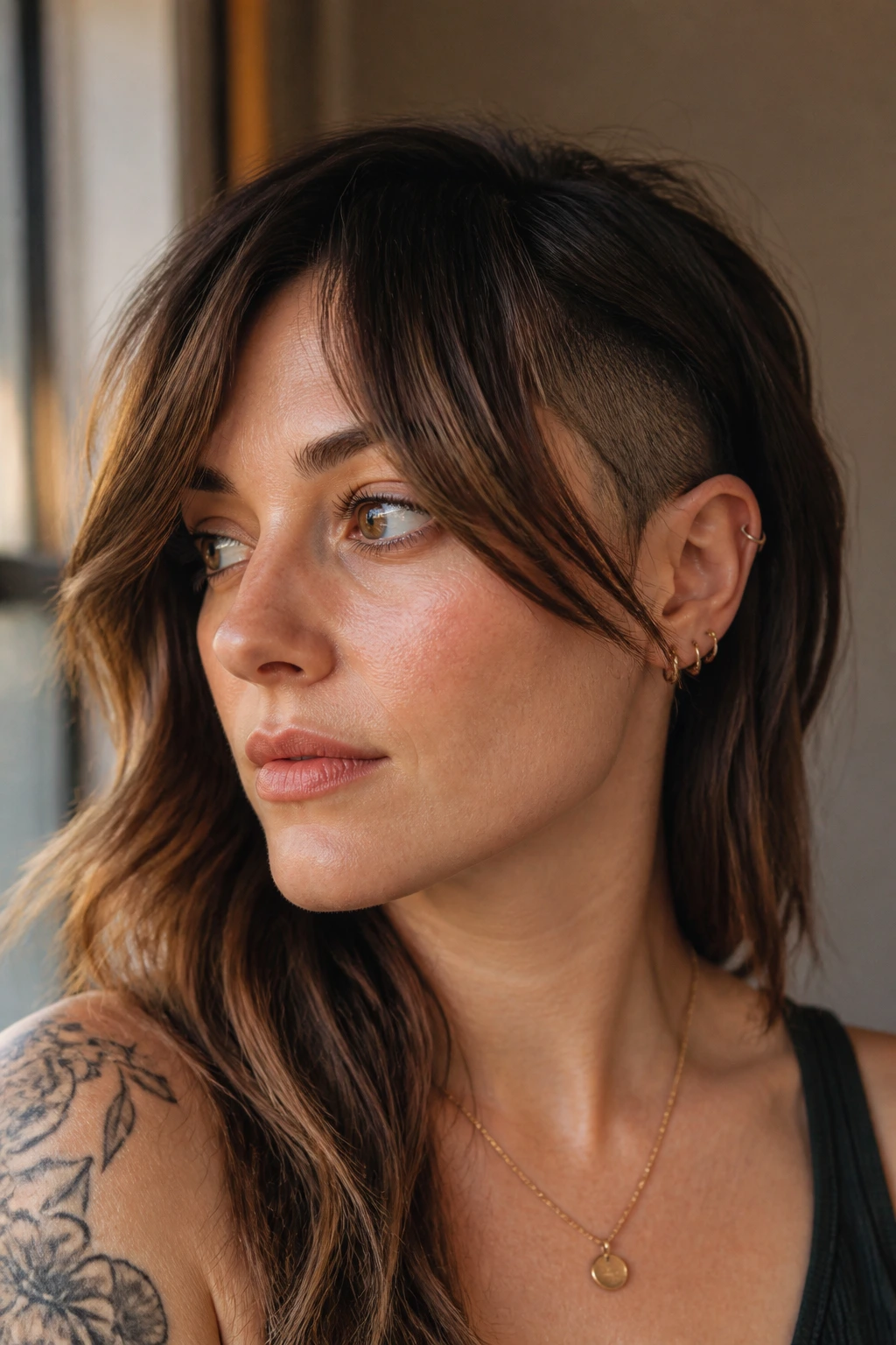 Portrait of a woman with curtain bangs and subtle side undercut.