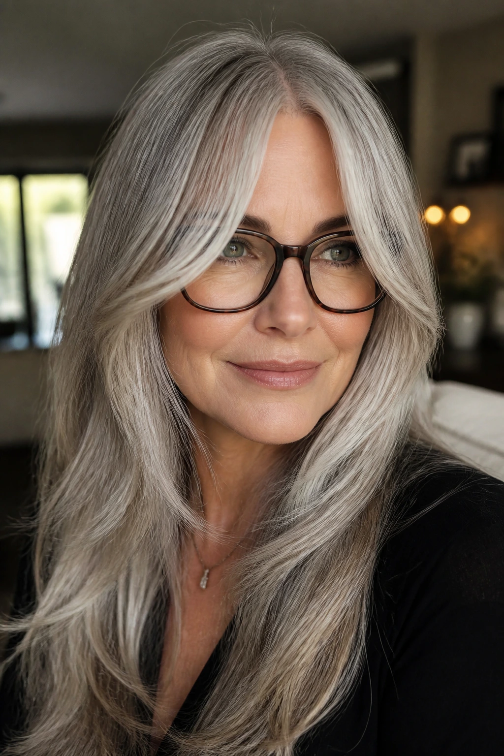 Portrait of a woman with curtain bangs framing silver hair