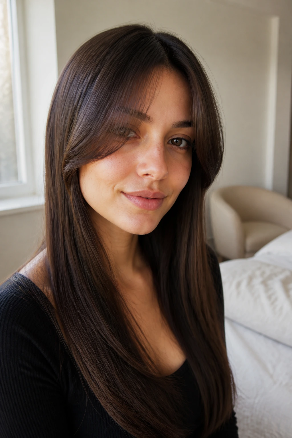 Real woman with curtain bangs and sleek straight hair, close-up portrait in warm window light.