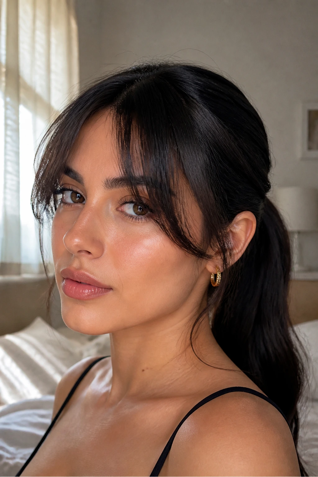 Close-up of a real woman with curtain bangs and a sleek ponytail in a softly lit bedroom