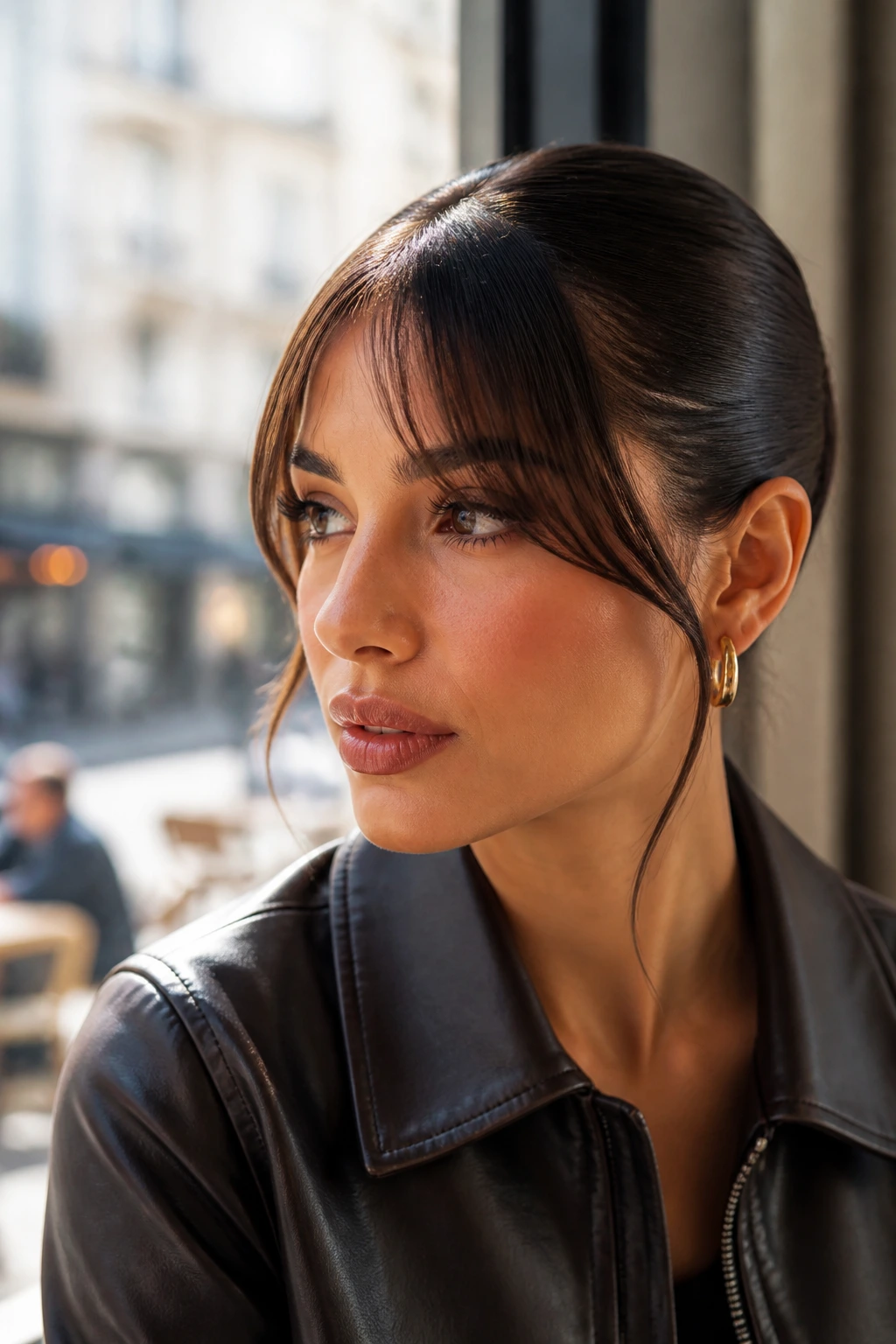 Close-up of Curtain Bangs With Sleek Base on a real person with sleek crown