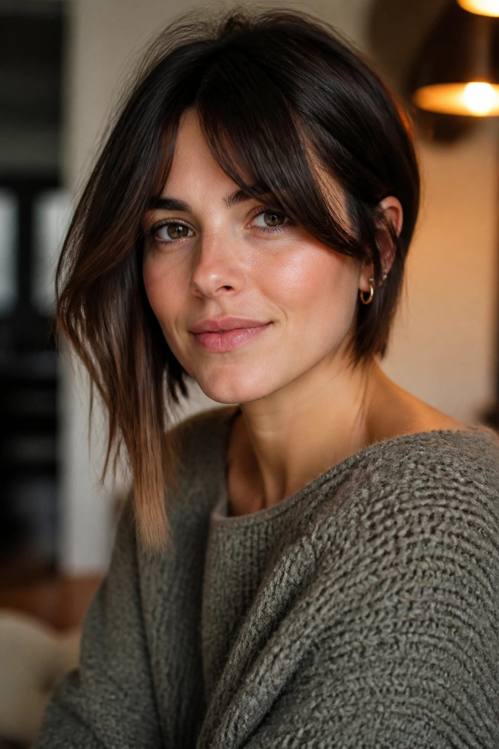 Close-up of a real woman with a soft-angled cut and curtain bangs in warm indoor light.