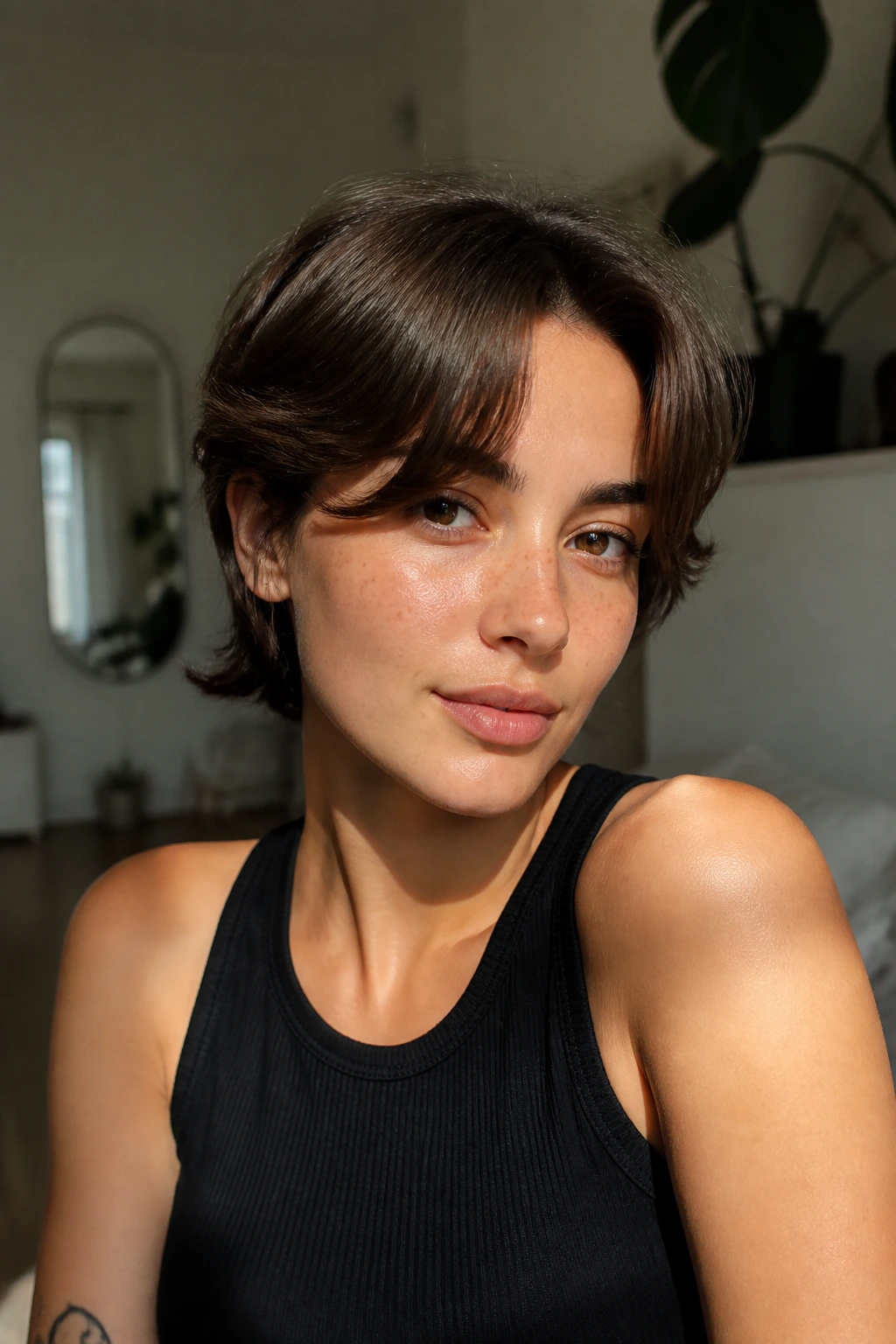 Real person with curtain bangs showing a soft bend along outer pieces