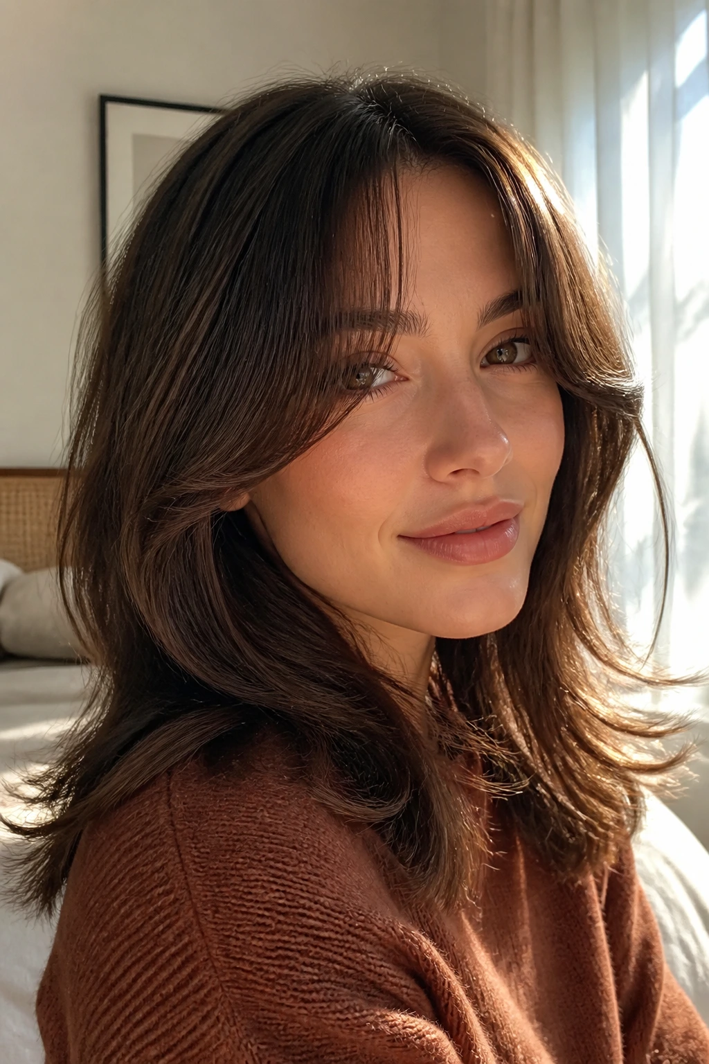 Real-person portrait showing curtain bangs with a soft bend and gentle outward curve.