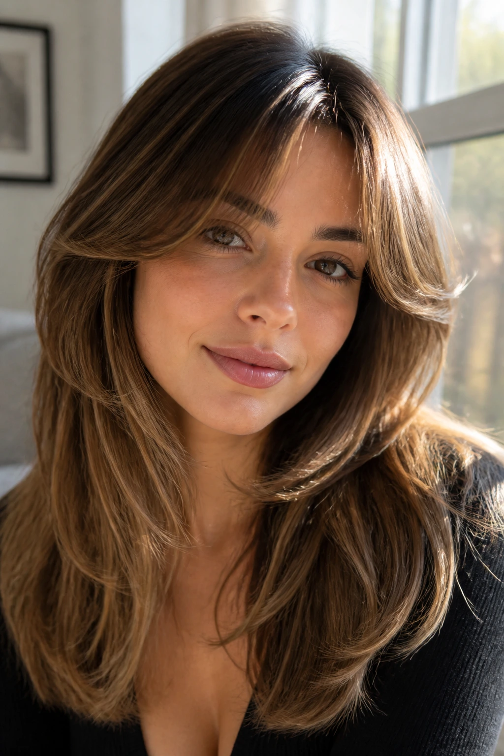 Close-up of sunlit curtain bangs with soft ends on a real person