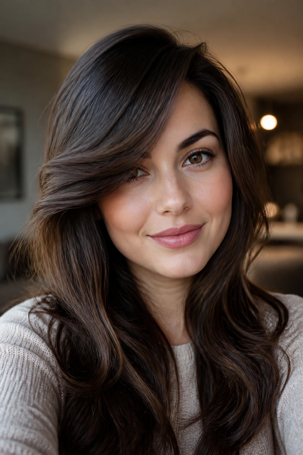Close-up portrait of a real woman with deep side-swept curtain bangs and soft front fringe in a warm living room
