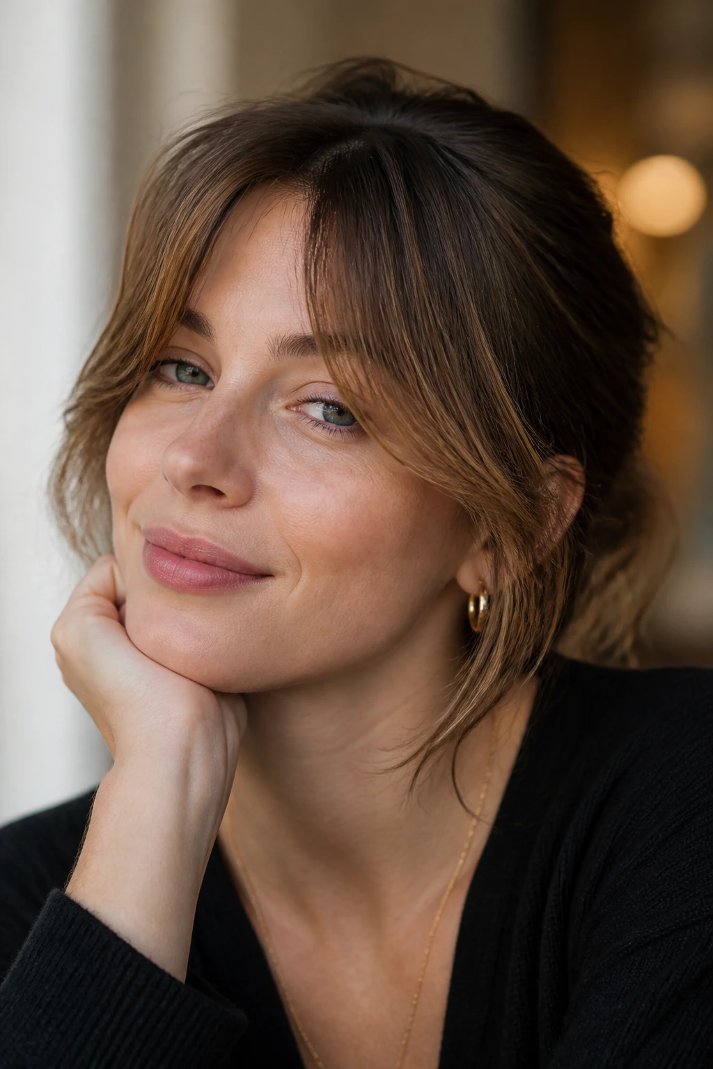 Close-up of a real woman with curtain bangs and a soft center part