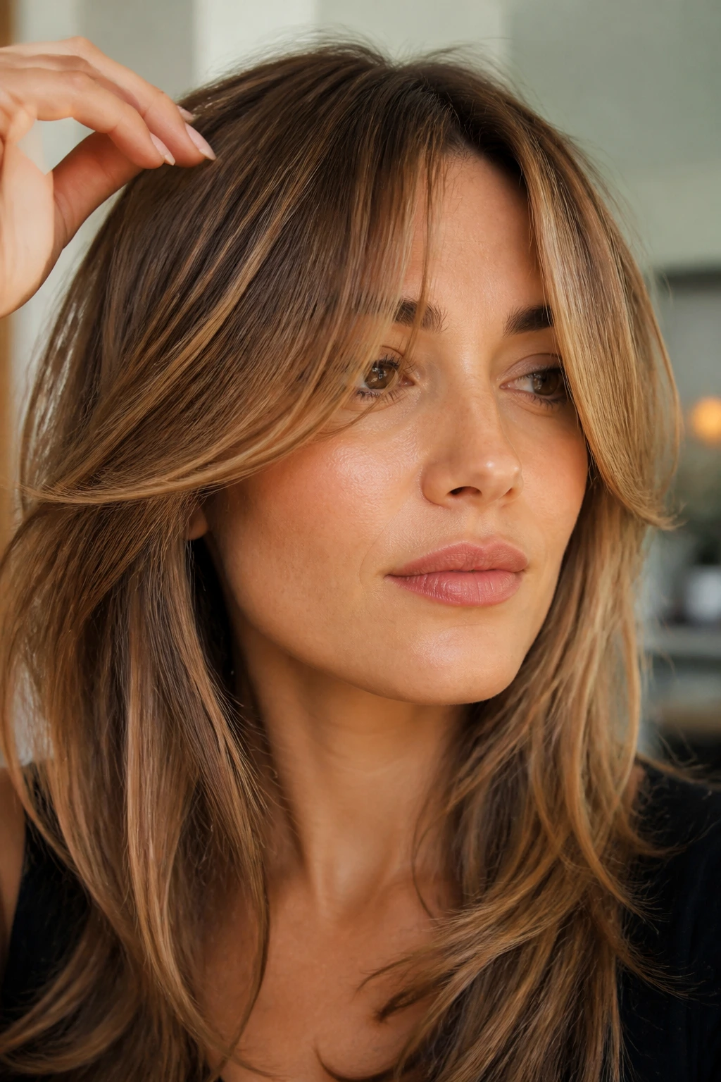 Portrait showing soft curtain bangs with gentle lift in the fringe