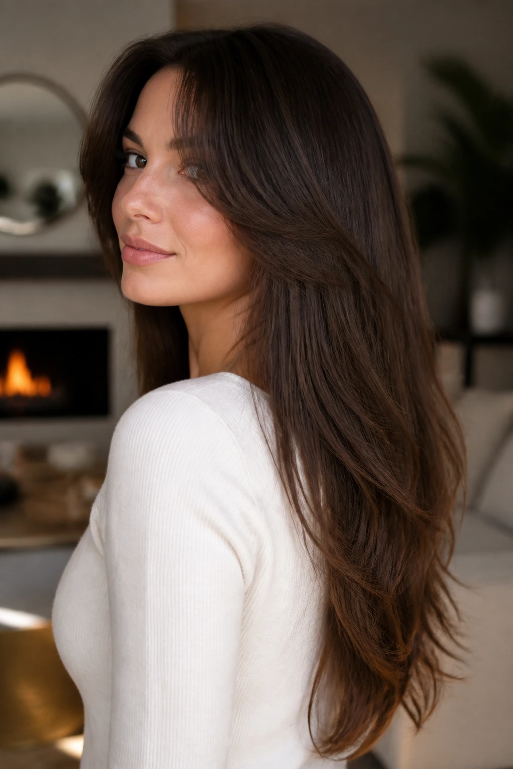 Portrait of a real woman with curtain bangs and soft V back in long hair