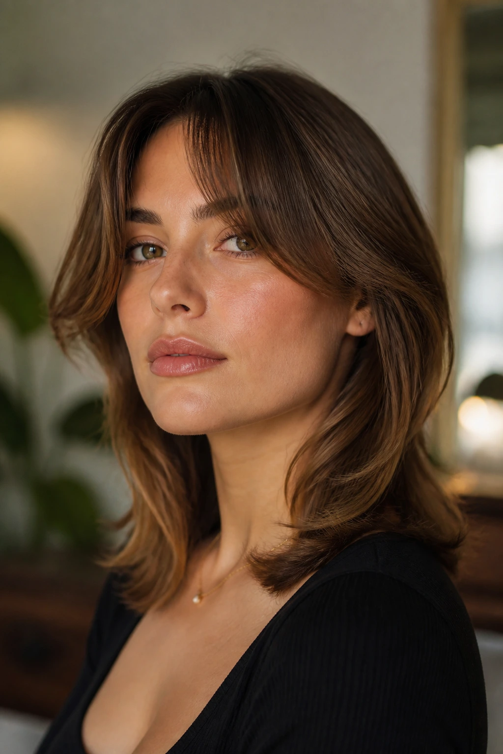 Close-up portrait of a real person with feathered curtain bangs softening a square jaw