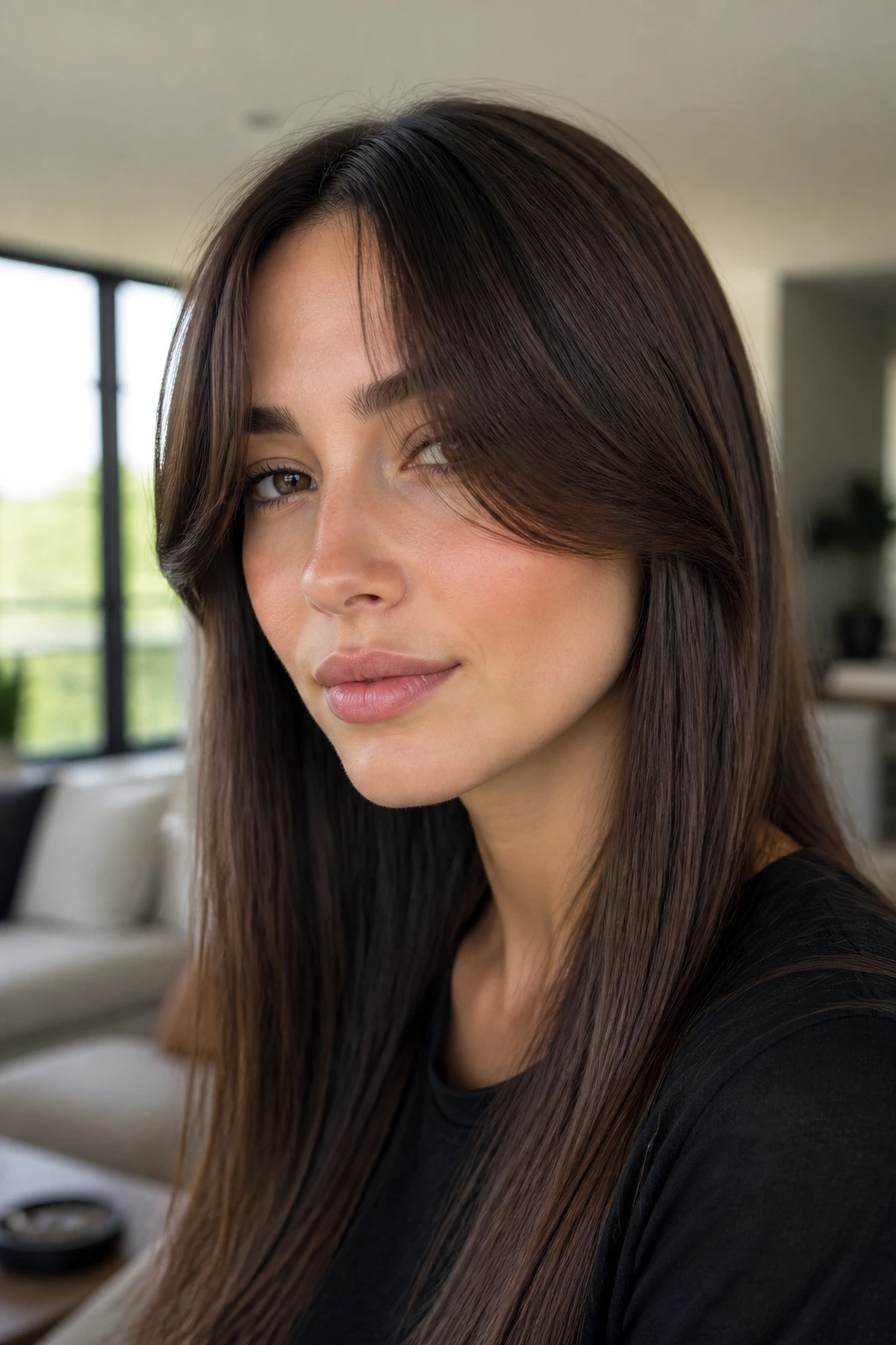 Portrait of a real woman with curtain bangs and long straight hair.