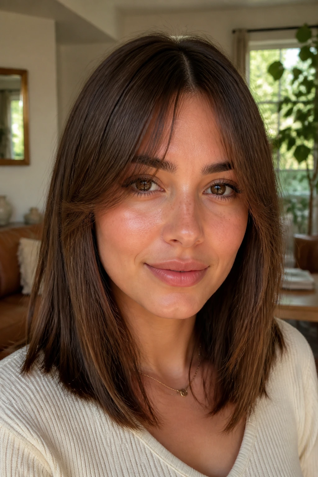 Portrait of a person with curtain bangs and straight ends framing the face