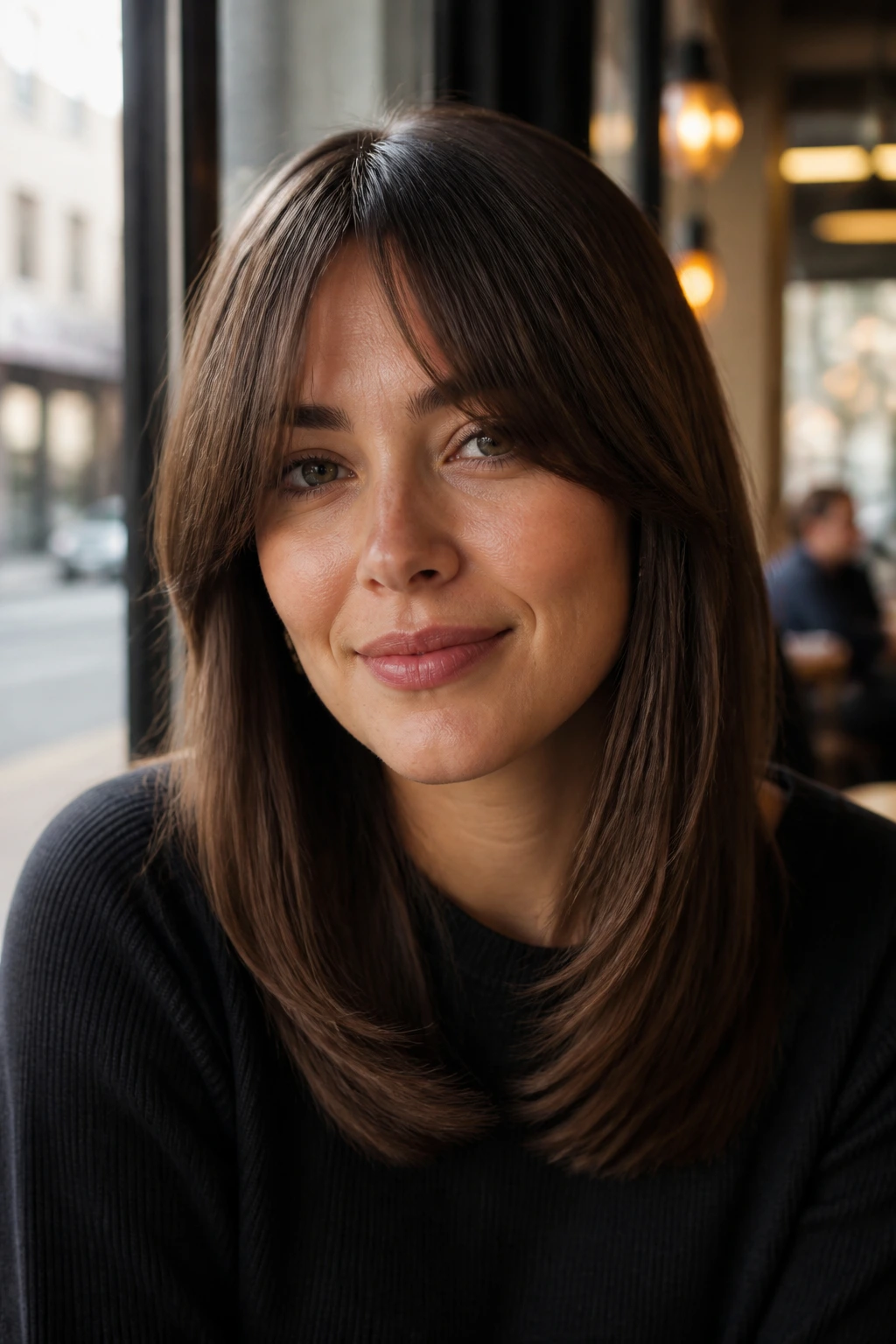 Real person with curtain bangs on straight medium-length hair.