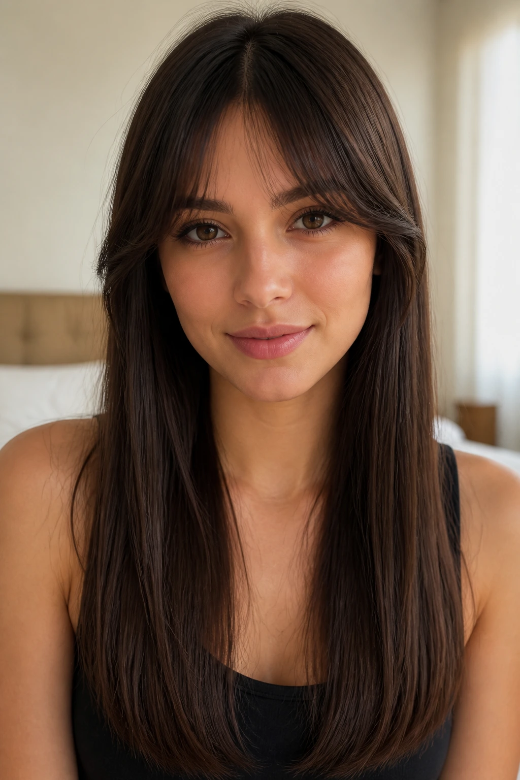 Close-up portrait of a real woman with soft curtain bangs and sleek straight hair.