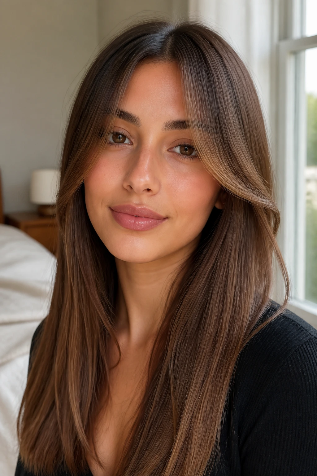 Close-up portrait of a woman with straight hair and curtain bangs in natural window light