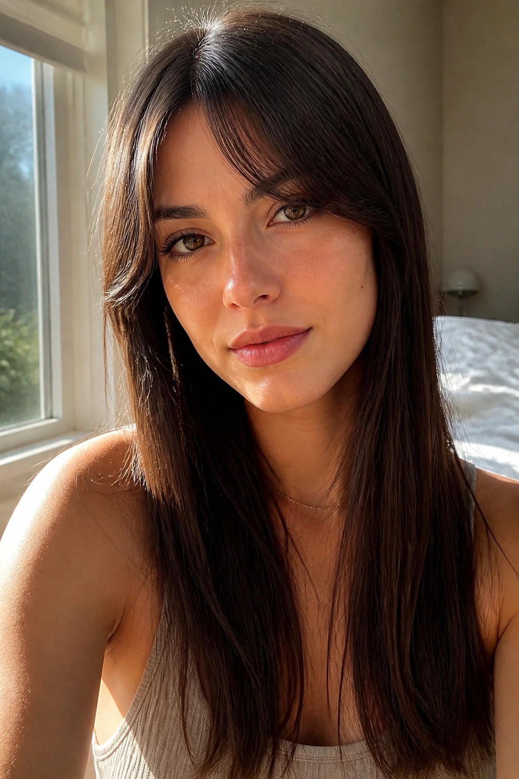 Close-up portrait of a real woman with straight hair and curtain bangs in morning light