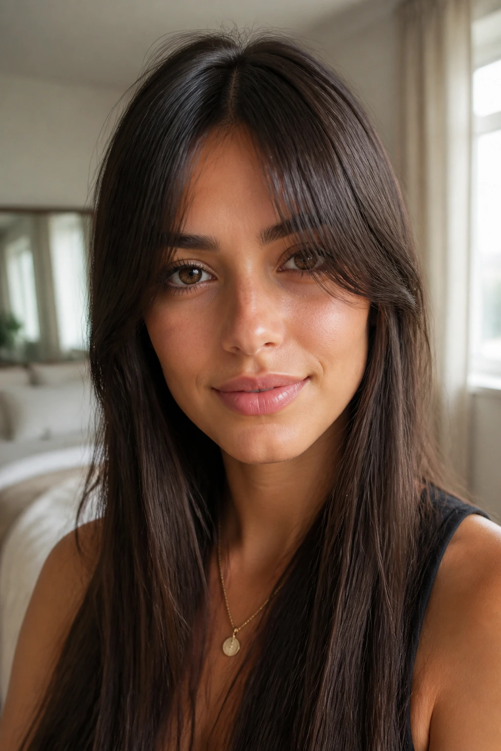 Close-up portrait of a woman with straight curtain bangs in bedroom window light