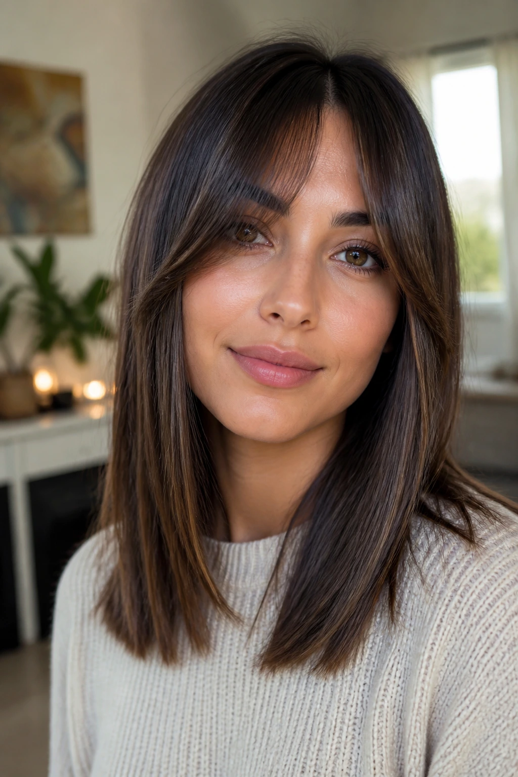 Close-up portrait of a real woman with straight hair and curtain bangs framing her face.
