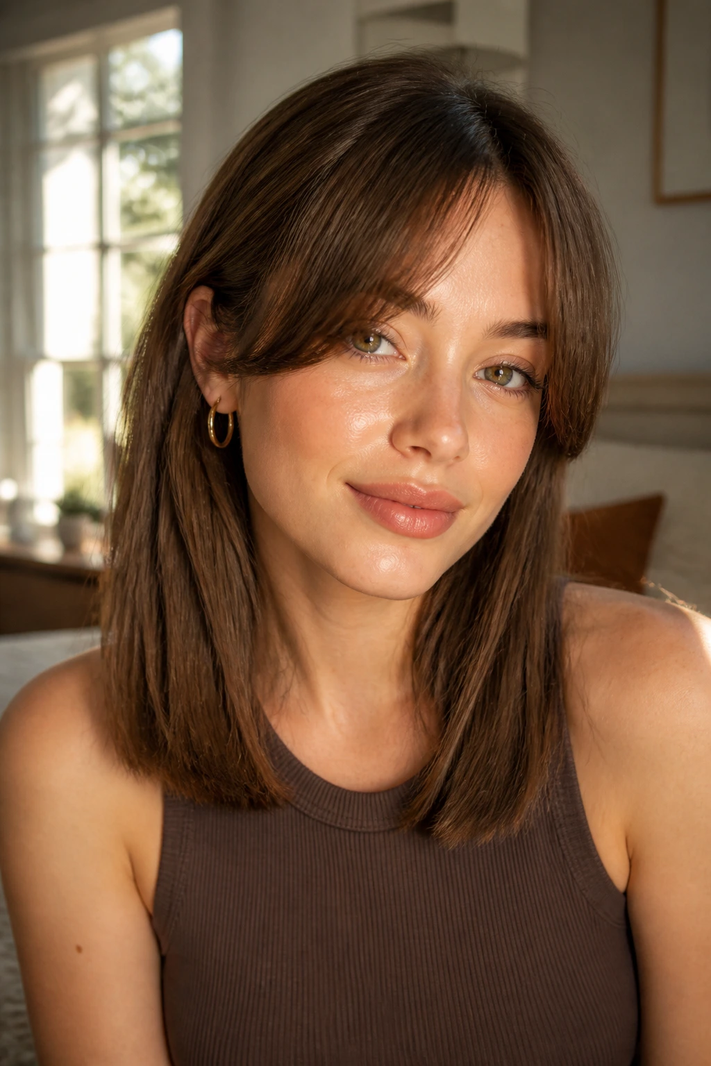 Close-up of a woman with curtain bangs and straight mid-length hair