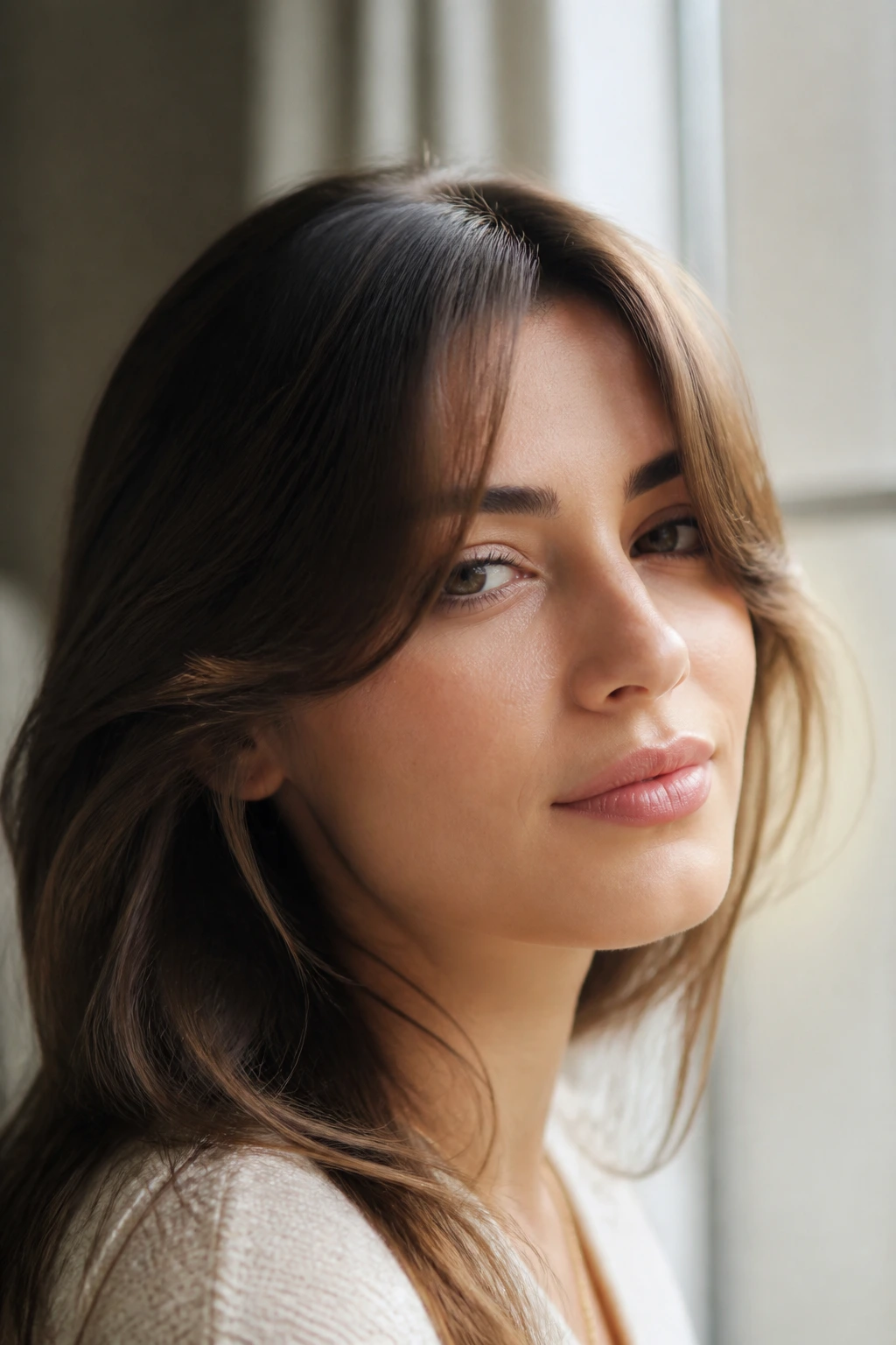 Portrait of woman showing curtain bangs styled away from cheeks