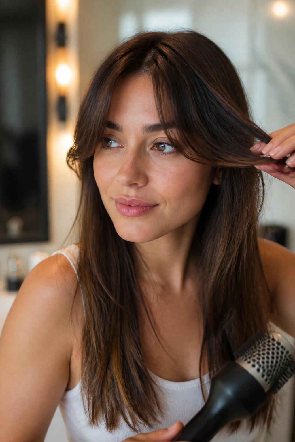 Portrait of a woman with softly bent curtain bangs showing styling result.