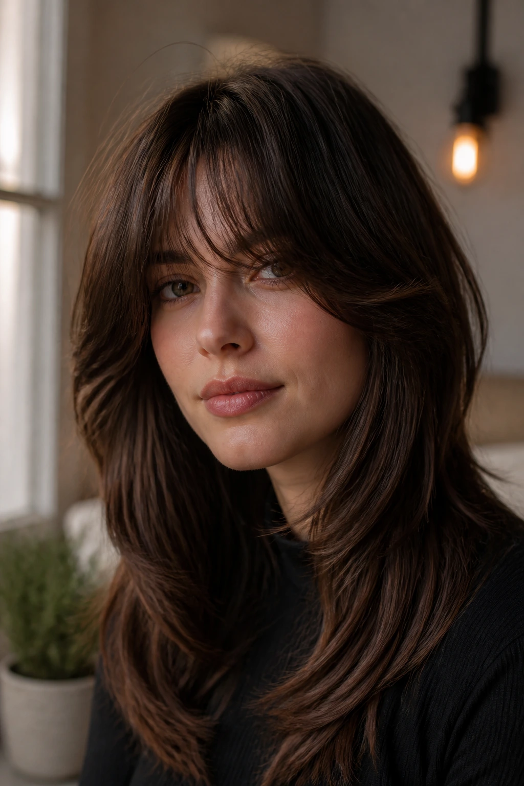 Portrait of a real person with curtain bangs styled naturally